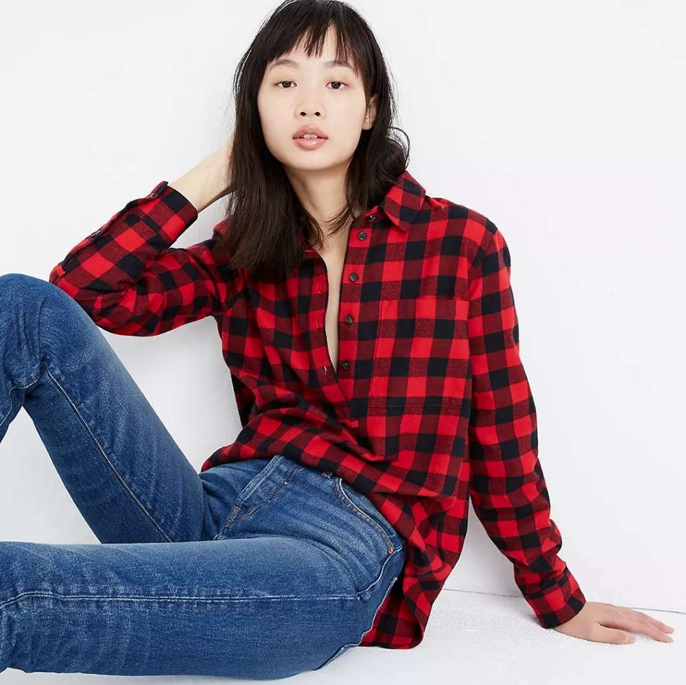 Madewell Buffalo Check Tie Front Flannel Shirt Size M